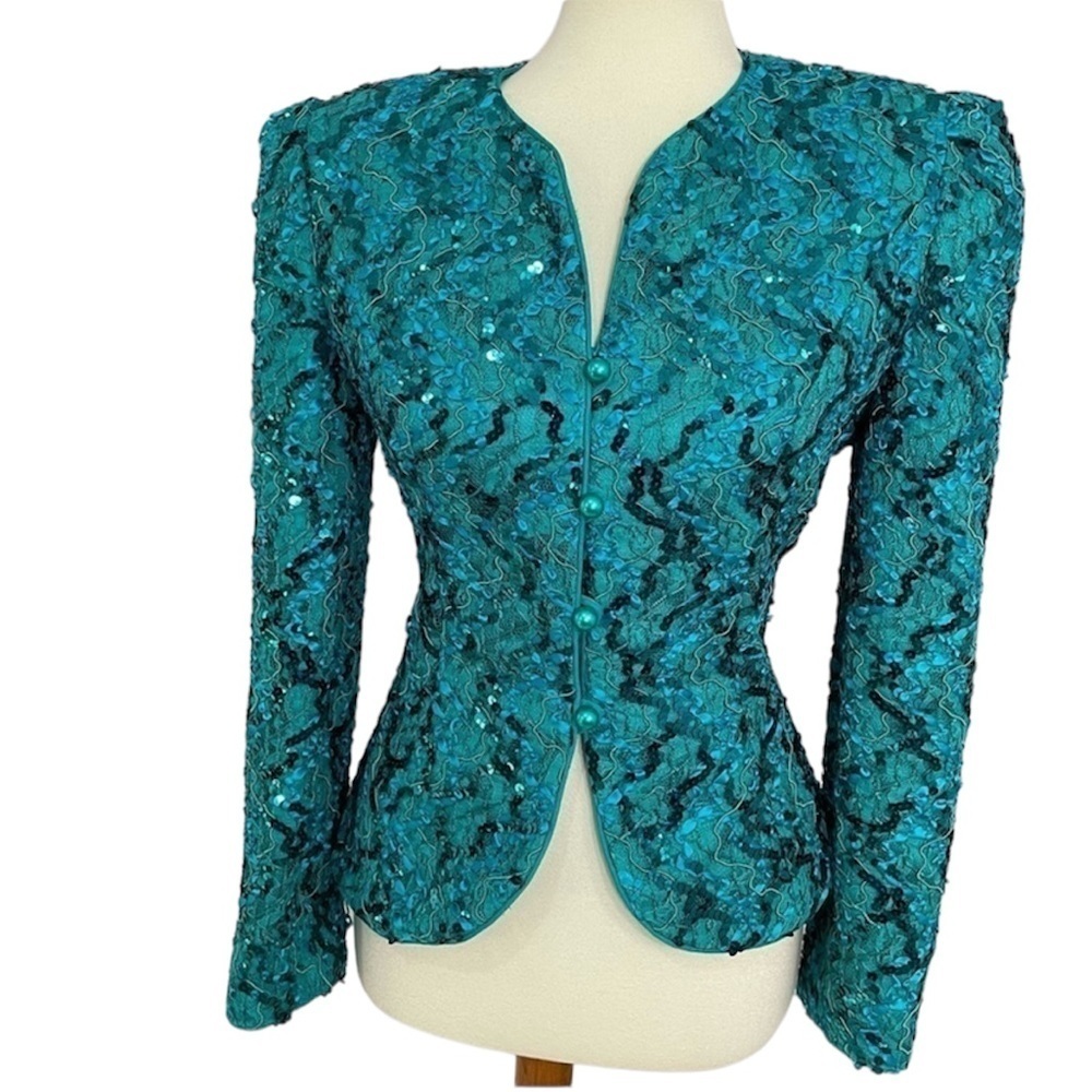Vintage lace emerald turquoise green fitted formal blazer dressy sequins jacket